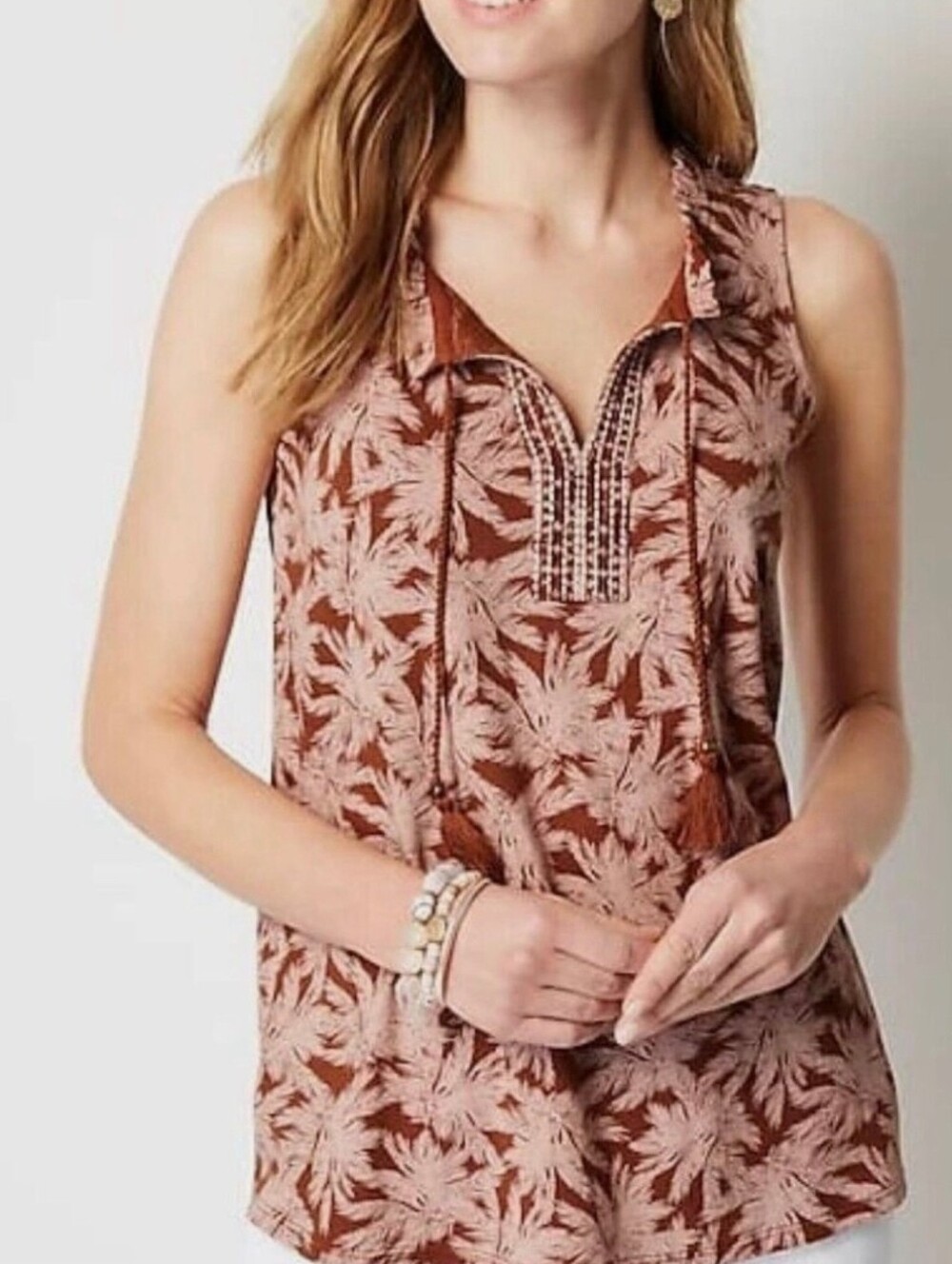 J. Jill Bellissima Palm Print Embroidered Tassel Tank Top
